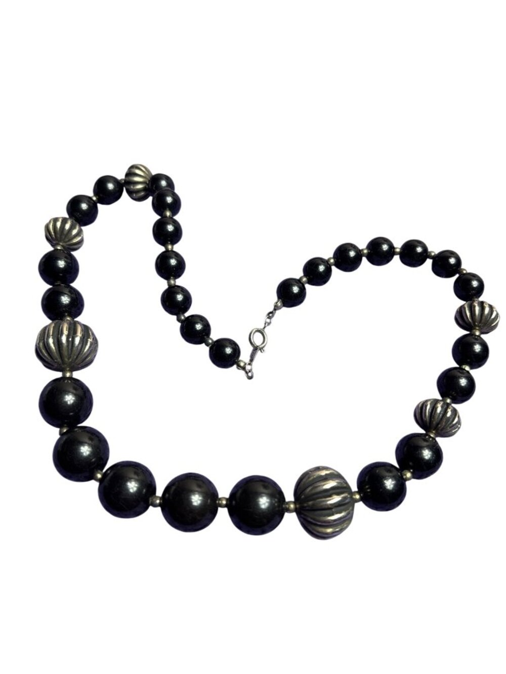Vintage Black Plastic Silvertone Beaded Necklace Graduated Textured 18 inches